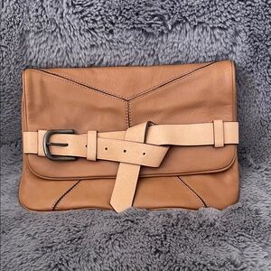Ann Taylor Tan Leather Belt-Accent Clutch Bag